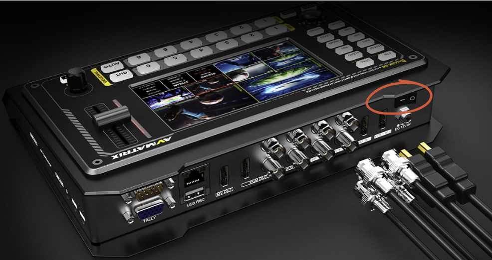 AVMATRIX video switcher with the ON button marked